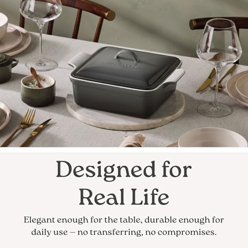 Stoneware Casserole Dish Bakeware with Lid | Covered Square Dinnerware | Medium 2 Quart, [Reactive Blue] - Thumbnail 3