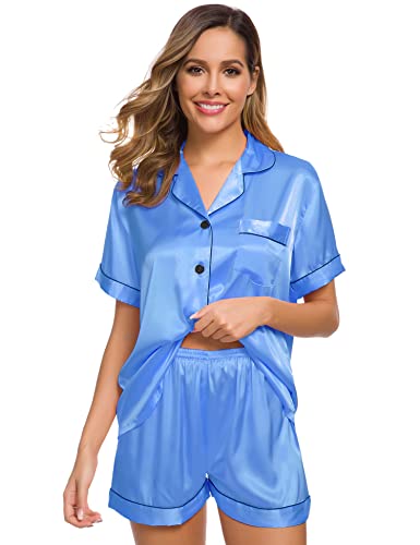 Image of SWOMOG Womens Silk Satin Pajamas Set Short Sleeve Sleepwear Button Down Top and Shorts Loungewear 2 Piece Pjs Set XS-3XL