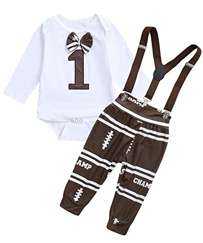 Thanksgiving Outfits Baby Boy One Year Old Birthday Bodysuit Infant Football Suspenders Pants Clothes Set (Brown,6-12 Months)