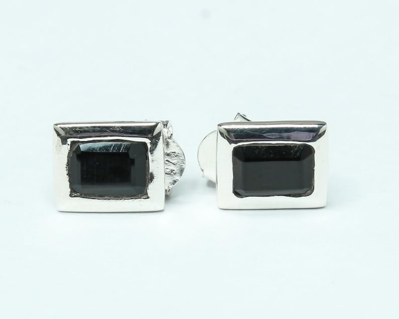 Boucle d'oreille onyx noir rectangulaire argent 925 puce solitaire
