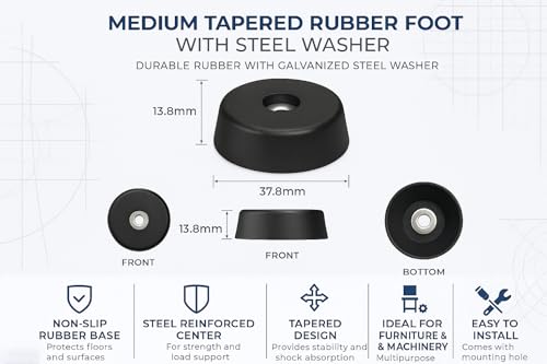 Image of Penn Elcom Medium Tapered Rubber Feet with Built‑in Steel Washers, Set of 12 | Heavy‑Duty Non‑Slip Shock‑Absorbing Rubber Bumpers for Audio & AV Gear (O 37.8 mm x H 13.8 mm)