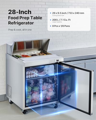 Image of VEVOR Commercial Refrigerator, 28 inch W Sandwich /Salad Prep Refrigerated Table, Stainless Steel Food Prep Station Fridge with 8 Pan, for Restaurant, Bar, Shop, 7.1 Cu. Ft Refrigerator Single Door, Silver