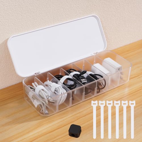 Asonen Caja Organizadora de Cables con7 Correas y 6 Clips Magnéticos, Caja de Gestión de Cables con Tapa y Divisores para Oficina y Hogar – Blanca