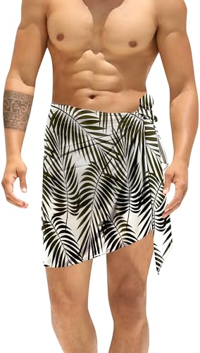 LA LEELA Men's Summer Cover Up Hawaiian Swim Trunk Swimwear for Men Vacation Beach Holidays Beachwear Pareo One Size Allover Leafs, Black - Main Image