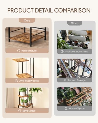 Image of Homsorout Plant Stand Indoor - 5-Tier Metal Plant Shelf with Hanging Basket Hook, Corner Tall Flower Holder for Multiple Plants, Living Room Balcony Garden Patio, Rustic Brown