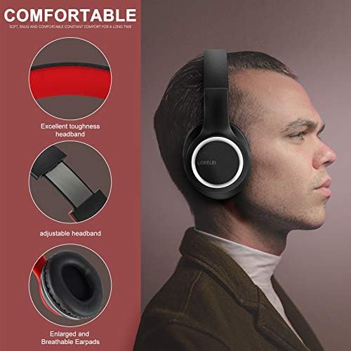 LORELEI X8 Over-Ear Wired Headphones with Microphone with 1.45m-Tangle-Free Nylon Line&3.5mm Plug,Lightweight Foldable & Portable Headphones for Smartphone,Tablet,Computer,Mp3/4(Black-red) 1