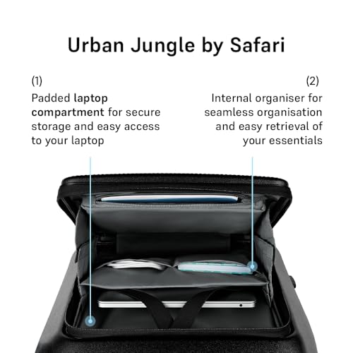 Image of Urban Jungle by Safari, Cabin Trolley Bag with Laptop Compartment, Hardside Polycarbonate Small (55 Cm) Suitcase with USB Charging Socket, 8 Silent Wheel Luggage for Both Men & Women (Black)