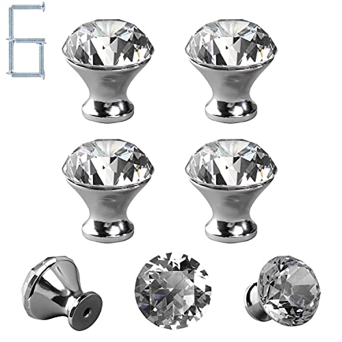 6 Unités Boutons de Meuble en Cristal, Vintage Boutons de Porte, Poignées Boutons de Tiroir pour Commode, Armoire, Porte Placard, (1-3/16'') base argentée en forme de diamant. JINGDI Cover