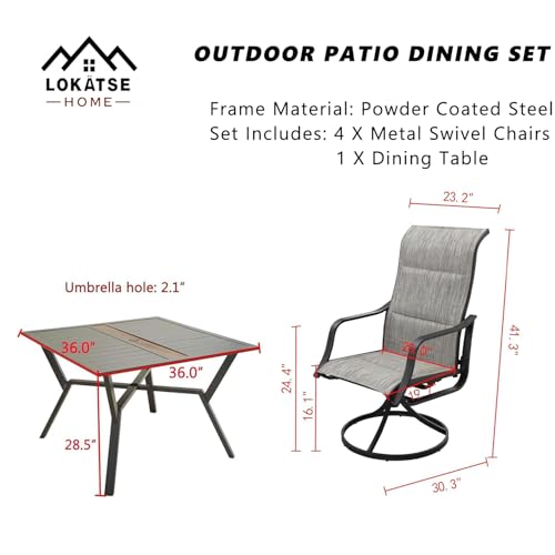 Image of LOKATSE HOME 5 Pieces Patio Dining Set Metal Furniture Outside Swivel Chairs and Square Table, Gray