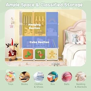 Costzon Kids Closet Cartoon DIY Modular Dresser Storage Organizer with 12 Cubes 2 Clothes Hanging Rack Portable Armoire for Baby Toddlers Kids Wardrobe for Bedroom Nursery
