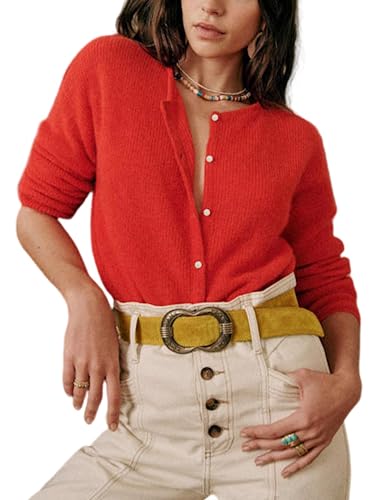 Lviefent Women Knit Cardigans Lightweight Casual Crew Neck Button Down Long Sleeve Sweater Jumper Layer Top (Red-M)
