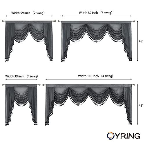 Oyring Waterfall Sheer Window Valances For Living Room Tassels Swag Curtain Valance For Bedroom Rod Pocket Valance Curtains (Grey, W89 Inch) #TOP3