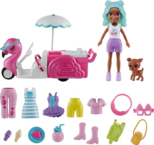 Polly Pocket Juego de muñeca y vehículo de Juguete, Carrito de Aperitivos de Flamenco Incluye muñeca de 3 Pulgadas, Mascota y 17 Accesorios, Incluyendo Comida y Ropa