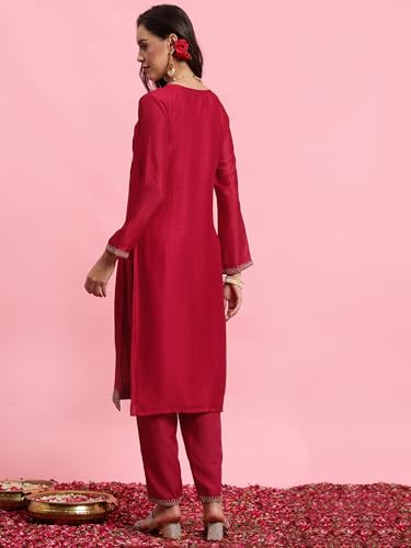 Image of INDO ERA Women's Embroidered Silk Blend Calf Length Straight Kurta Trouser with Dupatta Set (IEOUT7391)