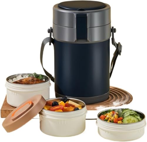 Mearrineser 保温ランチジャー 大容量1.8L 真空断熱 スープジャー 丼ぶり型 抗菌ステンレス 食器付き お弁当箱 男性 女性 オフィス 保温容器 (YDL-1-blue-2.4L)