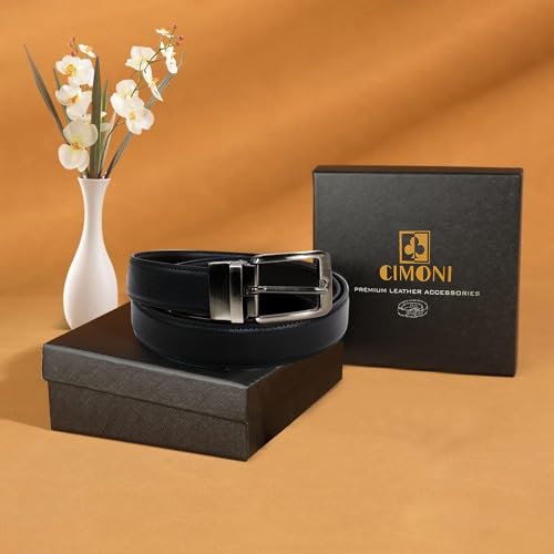 Image of CIMONI Reversible Leather Belt for Men | Genuine Leather & Vegan Leather Pin Buckle Belt | Classic Black /Brown Adjustable Belt for Formal, Business, Office & Casual Wear