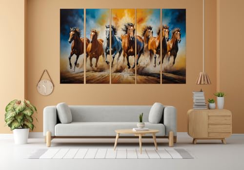 Image of KYARA ARTS seven Horses Wall Painting for Living Room Big Size(30inchx48inch) 7 Running Horses Painting Vastu for Bedroom, Office, Hotel - Wall Decor Wooden Framed-Digital Painting