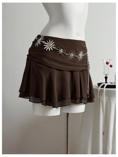 MakeMeChic Women's Fall Brown Mini Skirt Y2K Ruched A Line Ruffle Tiered Flared Hem Short Skirts3