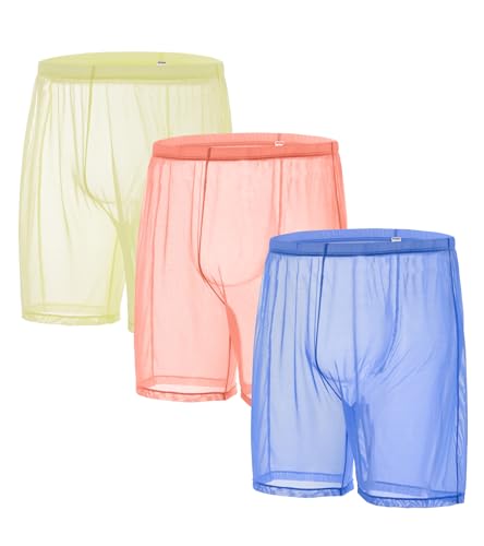 JINSHI Men’s Mesh See Through Boxer Shorts Sexy Sheer Long Boxers Briefs Transparent Shorts Loose Lounge Sleepwear Underpants