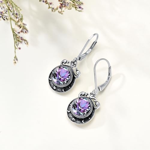 Moon Phase Earrings Sterling Silver Amethyst/ Ruby / Sapphire / Emerald / Moonstone Crescent Moon Phase Leverback Earrings for Women Dangle Drop Earrings Moon Jewelry Gift for Women Teens Girls Mom Wife3