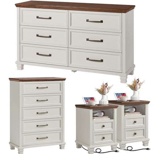 SAVOR LIFE Farmhouse Bedroom Dresser and Nightstand Sets 4 Piece, 5/6 Drawer Dresser & 2 Drawer Nightstand Set for Home, Bedroom, Hallway, White