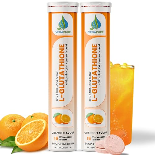 Image of Vedapure L Glutathione Effervescent Tablets with Vitamin C & E | Skin Brightening, Hydration & Collagen Support | For Men & Women | 15 Orange-Flavored Tablets (Pack of 2)