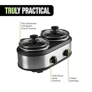 TRU Double Slow Cooker by Select Brands - Double Buffet Server for Parties, Holidays & Gatherings - Double Slow Cooker Buffet Server - 2 Inserts, Each 1 1/4 Quarts TRU Double Slow Cooker by Select Brands Double Buffet Server for Parties Holidays Gatherings Double Slow Cooker Buffet Server 2 Inserts Each 1 14 Quarts