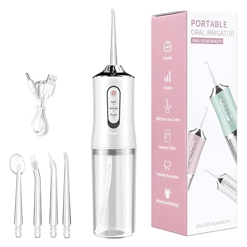 Water Dental Flosser for Teeth - 230ML Portable Cordless Oral Irrigator with 0.6mm Precision Stream 3 Cleaning Modes & 4 Jet Tips IPX7 Waterproof Rechargeable Dental Pick for Kids Women & Travel