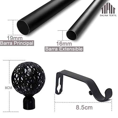 Miniatura 5 de Dalina Textil - Barras De Cortina Extensible 19mm - Barra Cortinas Fina Para Salón Dormitorio - Palos Cortinas Delgado Negro Bola De Red 120-210cm