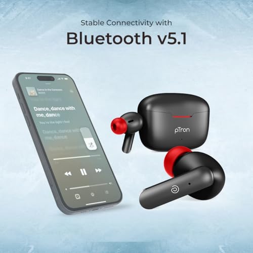 Image of pTron Basspods P81 in-Ear Wireless Earbuds, Pristine Sound, 32Hrs Playtime, Clear Calls TWS Earbuds, Bluetooth V5.1 Headphone, Type-C Fast Charging, Voice Assist & IPX4 Water Resistant (Black & Red)