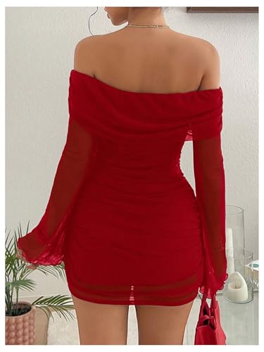Image of GORGLITTER Women's Off The Shoulder Mesh Mini Dress Long Sleeve Y2K Sexy Ruched Bodycon Birthday Club Party Dresses
