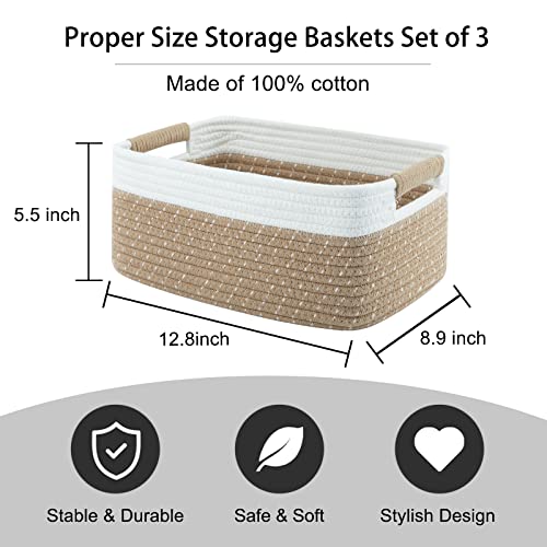 OIAHOMY Woven Baskets for storage, Cotton Rope Baskets for Shelves - Set of 3, 12.8x9x5.5in, Brown and White