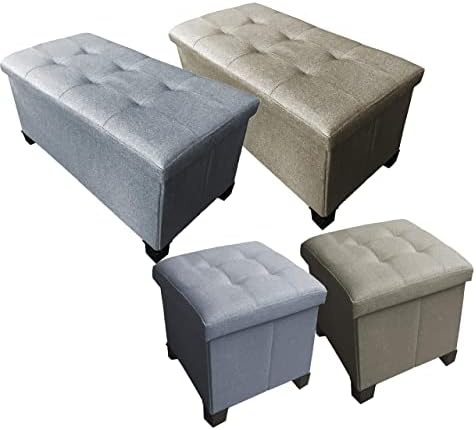 HomeHarmony® Linen Look Folding Storage Ottoman Bench Cube Footrest with Legs/Feet Quick and easy to Assemble (Natural, Large)