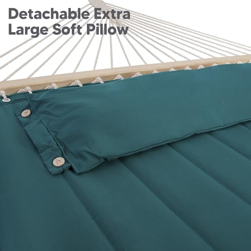 Image of SUNCREAT Hammocks Extra Large Double Hammock with 12 ft Stand for Outside, 475lbs Capacity, Outdoor Portable Hammock with Hardwood Spreader Bar, Extra Large Pillow, Dark Green