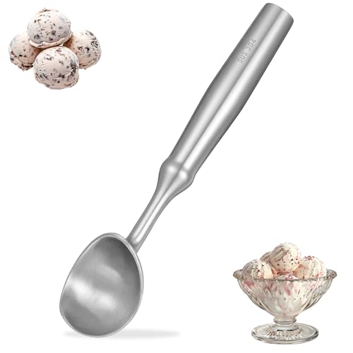 Ice Cream Scoop Stainless Steel 7.68 inches Metal Scooper Spoon Nonstick Anti-Freeze One Piece Icecream Scoop, Heavy Duty Durable Design, Easy Clean, for Gelato, Cookie Dough, Sorbet, Almond (Silver)