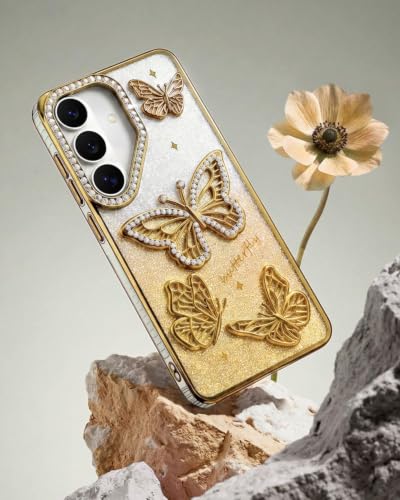 Image of Elzzi Electroplated Butterfly Phone Cover for Samsung S26 Case, Showcasing Pearlescent Diamond Soft TPU, Camera Protection, Shockproof, Dropresistant Stylish for Girls & Women (Gold)