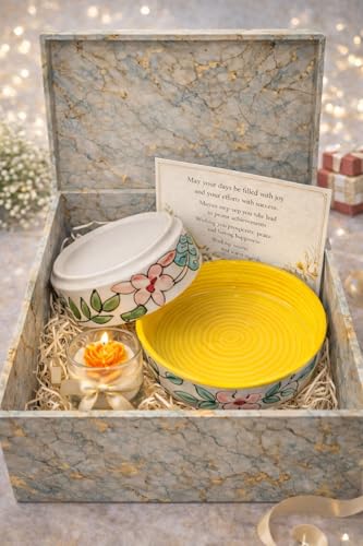 Image of Niyara Stoneware Handmade Ceramic Stylish Premium Serving Bowls /Salad Tray Microwave Dishwasher Safe (Yellow Flower Bowl with Candle and Gift Box)