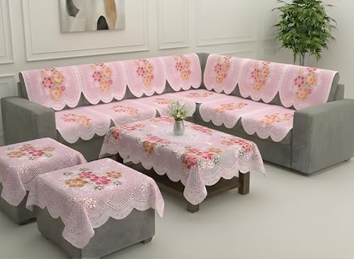 Image of Fab Nation Sofa Cover L Shape 7 Seater with Corner L Type Sofa Set for Living Room | Cotton Sofa Slipcovers for 4 + 3 Seaters Cover + 2 Setty Covers + 1 Table Cover Set | Pink Flowers