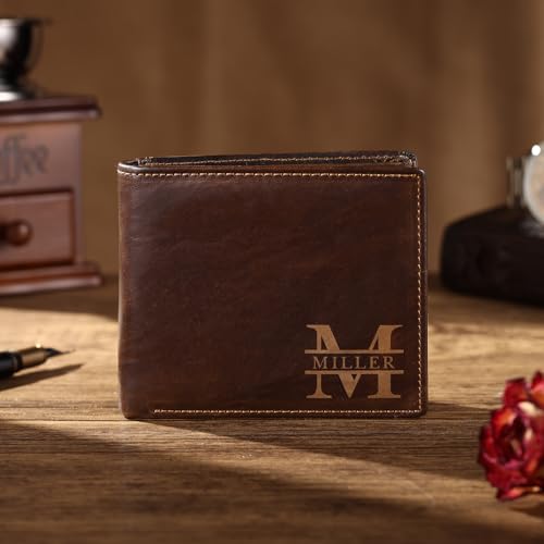 Image of Personalized Leather Wallet for Men, Custom Engraved with Name or Initials - RFID Blocking Bifold Thin Wallet, Ideal Father's Day Birthday Gift for Dad Husband, Comes with Gift Box (Dark Coffee)