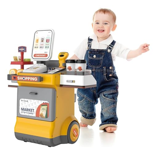 Image of Kids Supermarket Play Set Toy with Shopping Cart, Pretend Grocery Store Counter with Scanner, Cash Register, Coffee Machine, Display Shelves and Play Food Accessories (48PCS Cash Register Playset)