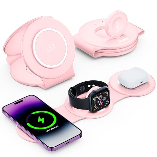 Image of Hicober 3 in 1 Wireless Charging Station for Apple Watch and iPhone Air 17 16 15 14 13 12 Pro Max /Plus, Magnetic Foldable Wireless Travel Charger Station Stand for Airpods iWatch All Series Pink