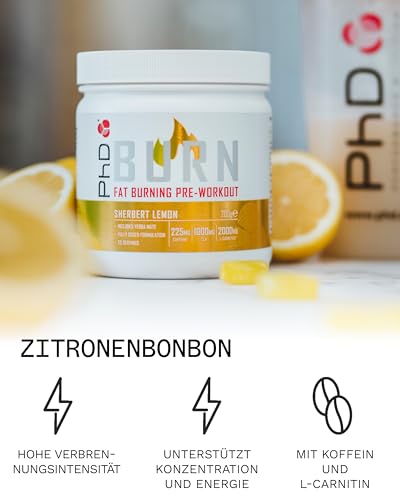 PhD Nutrition Burn Pre-Workout Pulver 200g Zitronenbonbon - Pre Workout Booster zur Unterstützung von Leistung und Fettverbrennung, Enthält Koffein, L-Carnitin, Zink & Vitamine – Bild 3
