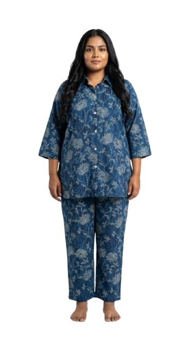 swasti Women Cotton Floral Print Plus Size Co-Ord Set Blue-picture-28