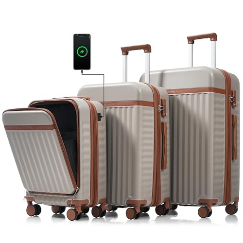 Image of Hardshell Luggage, Lightweight Suitcase with Spinner Wheels, KHAKI+USB