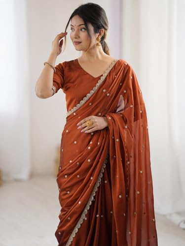 Image of AKHILAM Women's Pure Georgette Embroidered Saree With Unstitched Blouse Piece