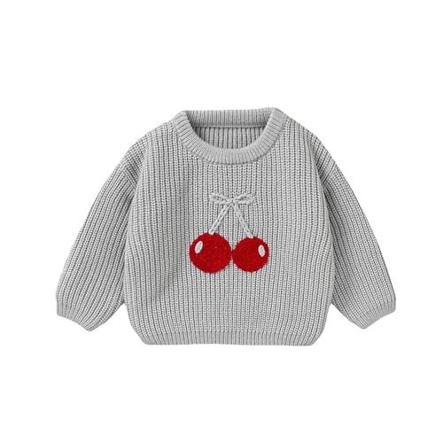 Girls Cute Embroidered Cherry Knitted Sweater Spring Autumn Round Neck Long Sleeve Knit Pullover Sweatshirt Top