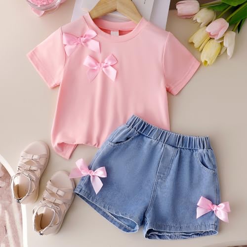 Eqenkely Ensemble Vêtement Bébé Fille 2 Pièces T-shirt Tee à Manches Courtes et Jeans et Short Pantalons Elegant d'été Vêtements Set Rose 7 Ans – vue 2