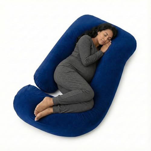Image of Amazon Basics Full Body Pregnancy Pillow for Maternity,Baby Nursing,Full Body Support-|Perfect Baby Shower Gift|J-Shaped-Washable Cover with Zip - Navy Blue, Velvet