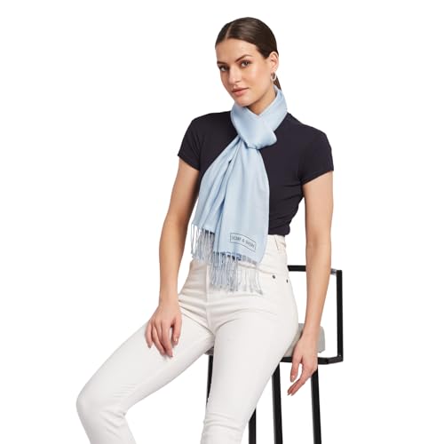 SCARF & SHORE Twill Luxe Pashmina Scarf with Twisted Fringe – Blush Whisper, Ocean Spark | Silky Lightweight Shawl Wrap3