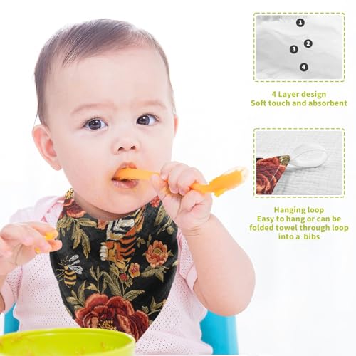 Image of vvfelixl Tiger Bee Flower Baby Burp Cloths Baby Muslin Washcloths for Boys Girls Cotton Babys Face Towel for Newborn Infants Soft and Absorbent 11.8 X 11.8 in, 5 Pack